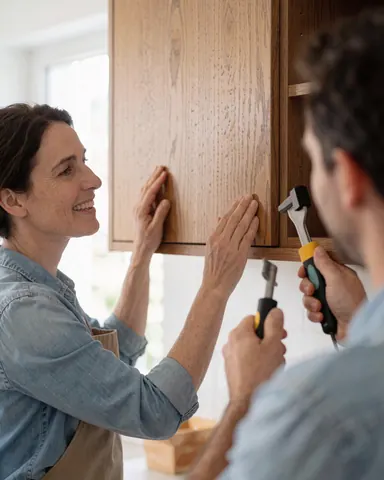 A satisfied customer examines newly installed wooden cabinetry in a modern home kitchen, showing approval of the carpentry work.