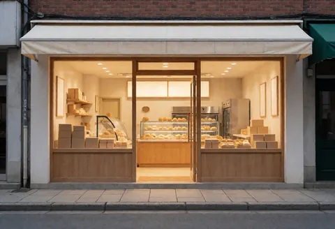 A welcoming bakery exterior featuring a wooden door, brick facade, and large window displaying fresh pastries and bread under natural daylight.