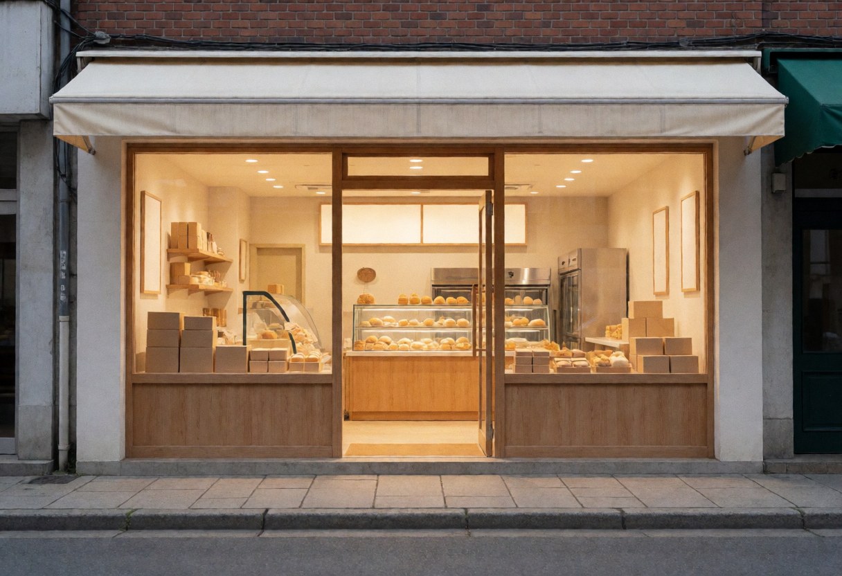 A welcoming bakery exterior featuring a wooden door, brick facade, and large window displaying fresh pastries and bread under natural daylight.