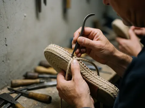 Detailed view of hands performing manual stitching on an espadrille shoe using jute and leather materials