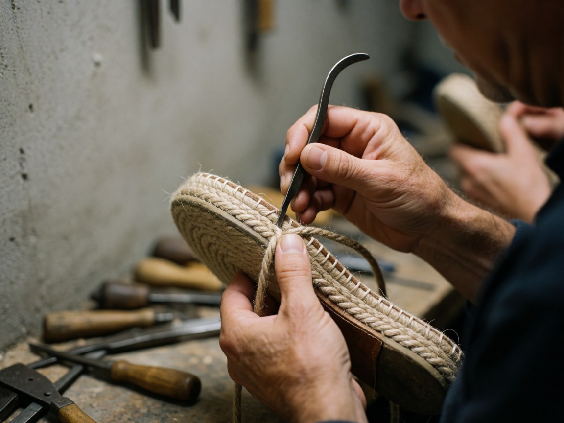 Detailed view of hands performing manual stitching on an espadrille shoe using jute and leather materials