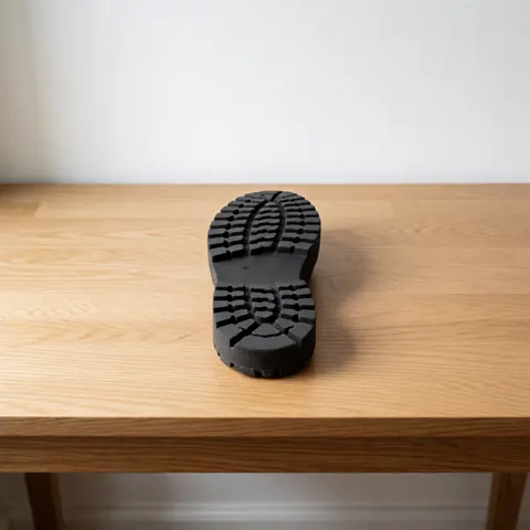 Close-up top view of a black rubber shoe sole showing detailed tread pattern and texture on a wooden surface