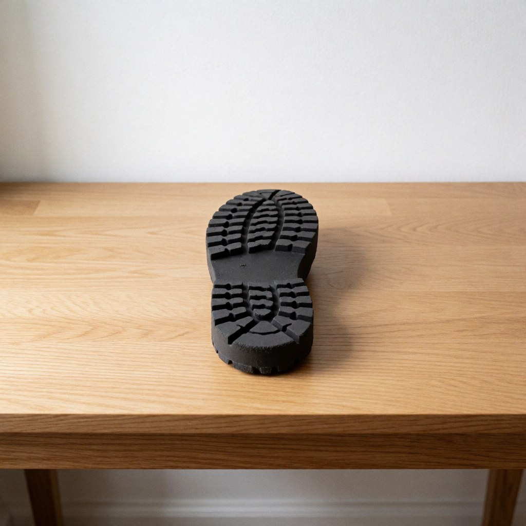 Close-up top view of a black rubber shoe sole showing detailed tread pattern and texture on a wooden surface
