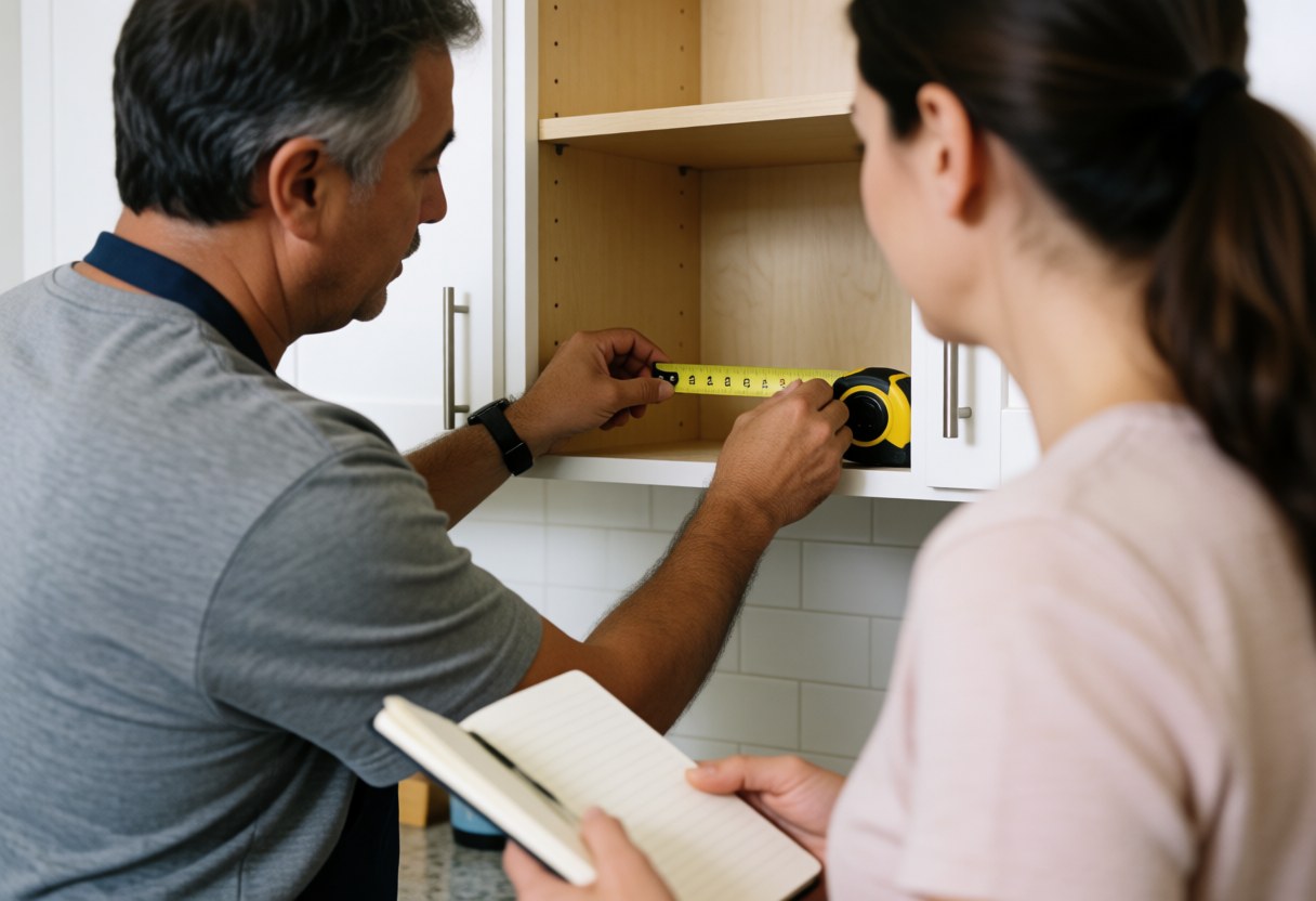 Professional carpenter uses a tape measure to check cabinet dimensions in a modern kitchen while a client reviews notes nearby.