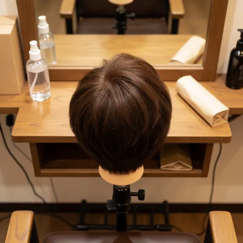 Styled hair on a mannequin head placed on a salon station with a mirror, spray bottle, and cloth under warm lighting