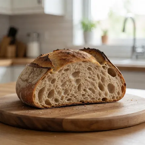 Half of a sliced sourdough loaf showing open crumb structure on a wooden board in a modern kitchen with natural light