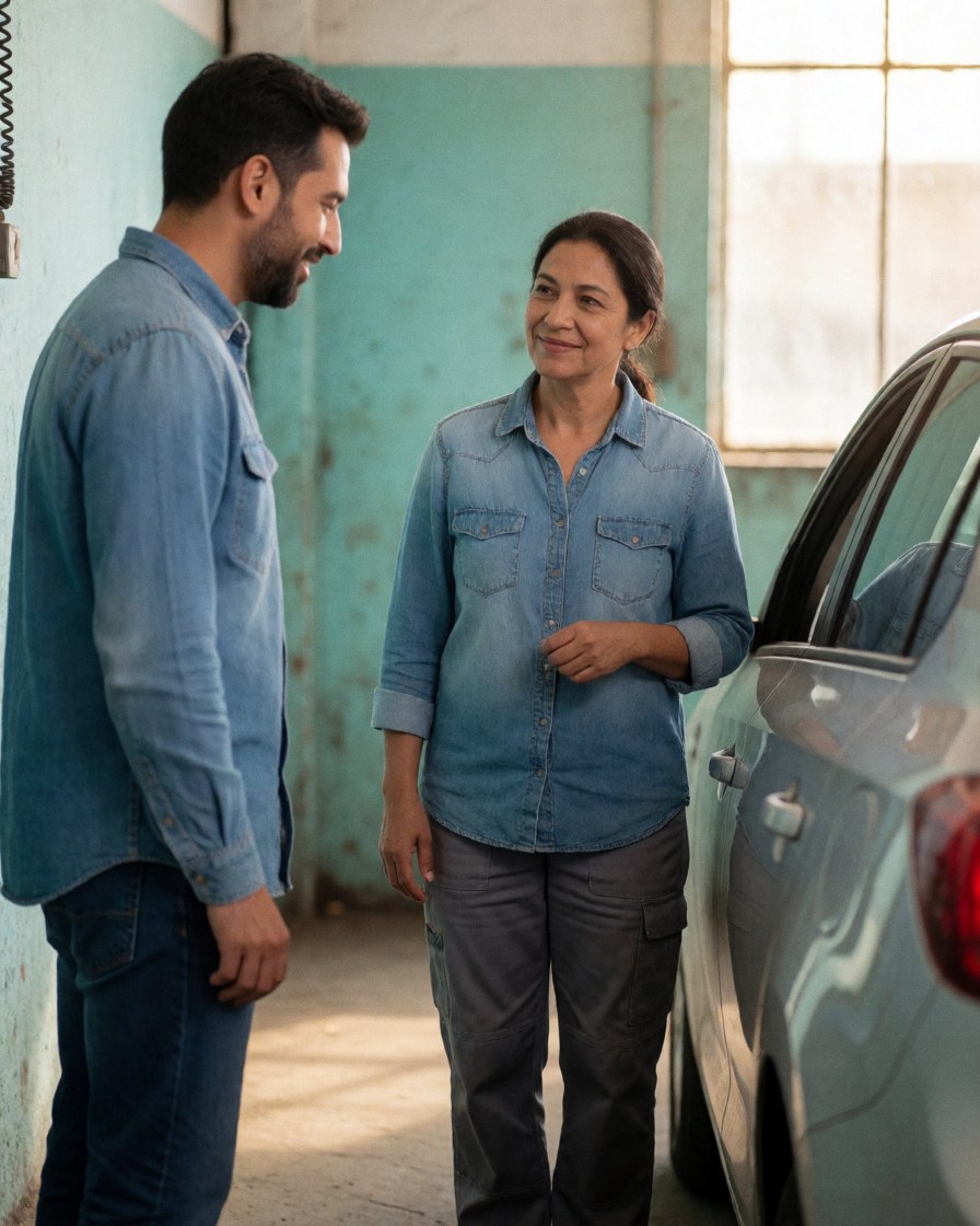 Smiling female mechanic and male customer conversing near a vehicle in a turquoise-walled auto repair garage with natural light.