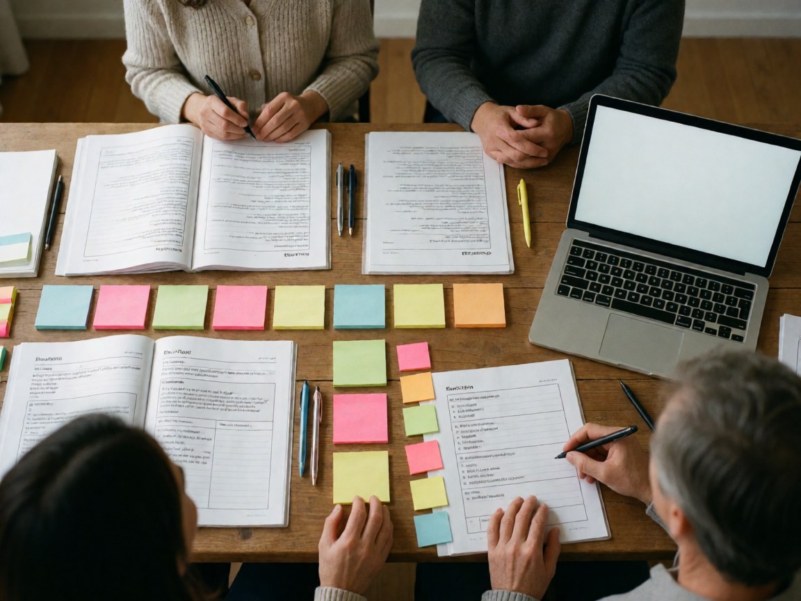 Four professionals working together at a wooden table with notebooks, sticky notes, a laptop, and pens during a training meeting.