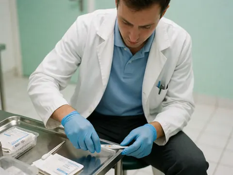A doctor wearing blue gloves handles a thermometer on a metal tray in a clean clinical setting with green walls and white floor.