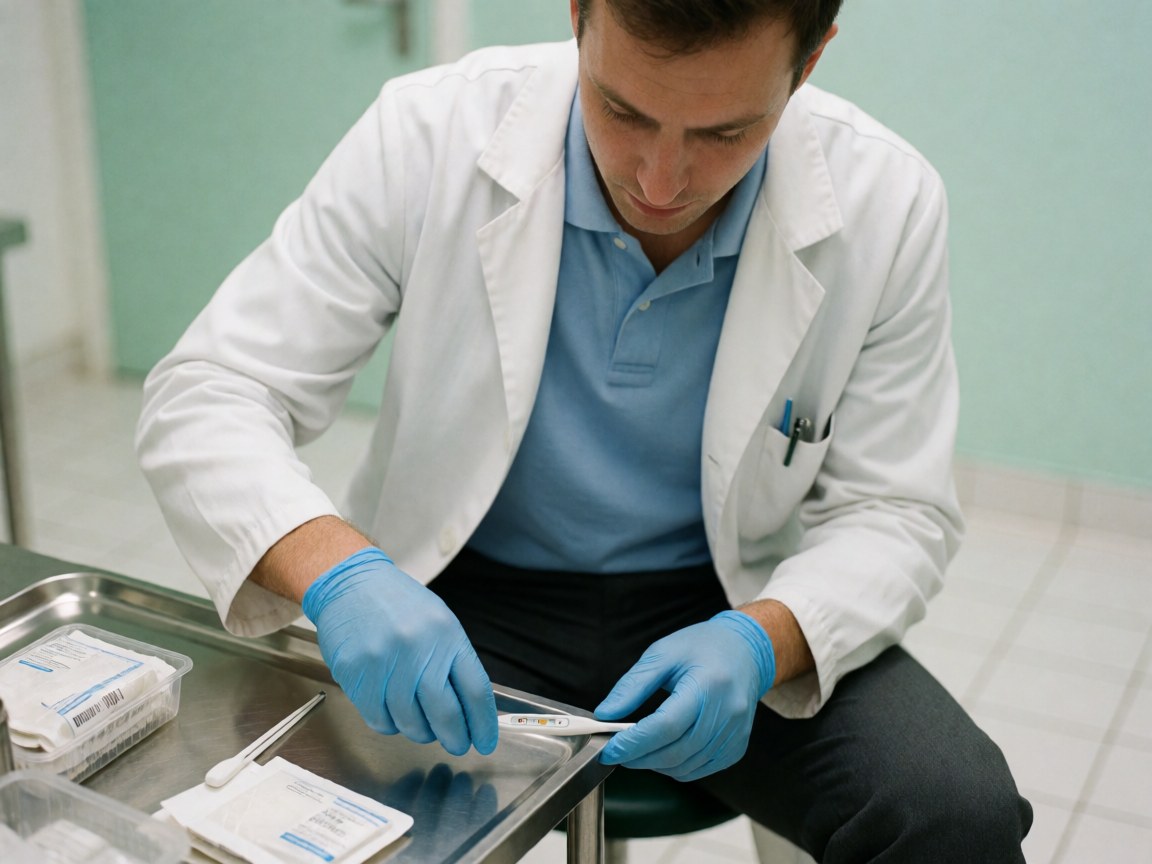 A doctor wearing blue gloves handles a thermometer on a metal tray in a clean clinical setting with green walls and white floor.