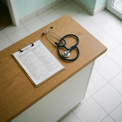 Close-up view of medical instruments and a chart on a wooden reception desk in a private clinic