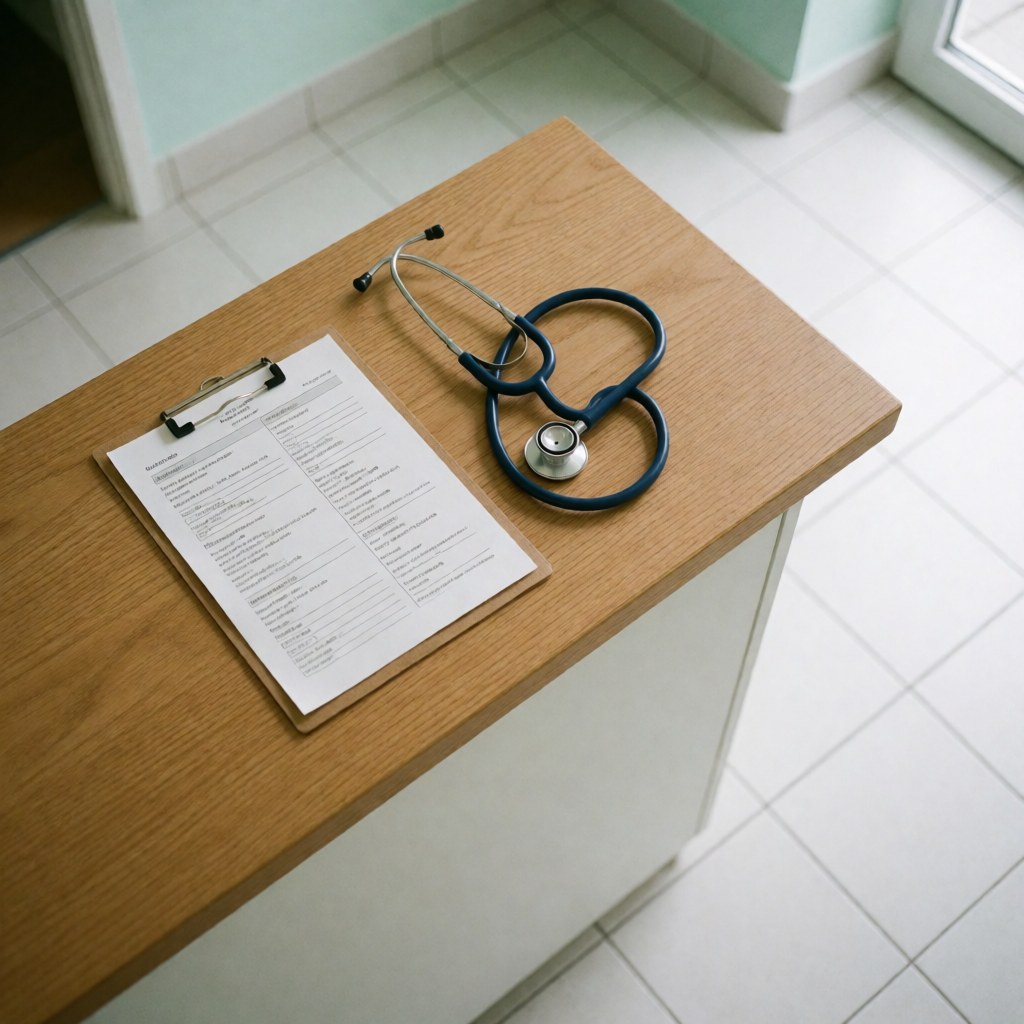 Close-up view of medical instruments and a chart on a wooden reception desk in a private clinic