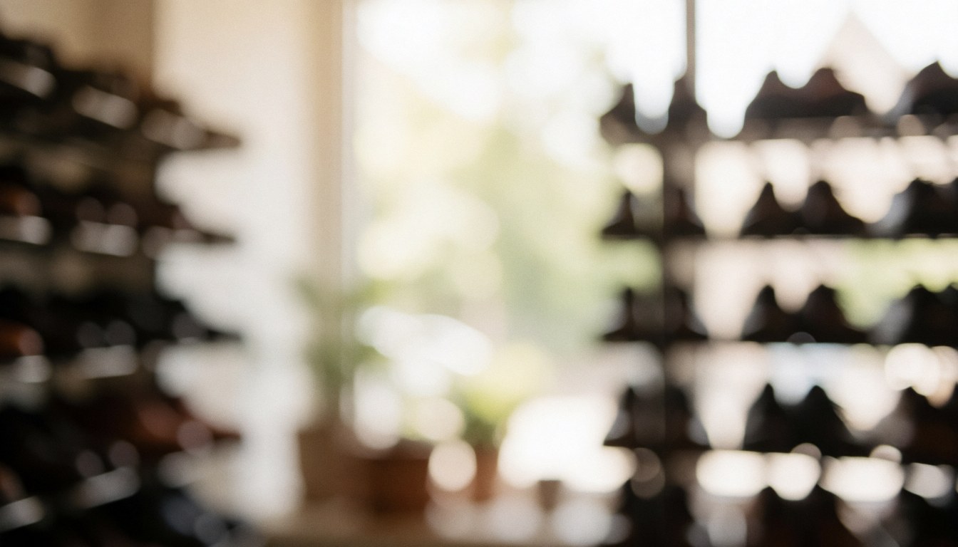 A blurred background of shoes hanging on racks in a shoe store, suitable for text overlay