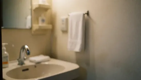 Clean bathroom scene featuring a white sink, chrome faucet, and hanging white towel on a tiled wall, providing a calm backdrop for text overlay.