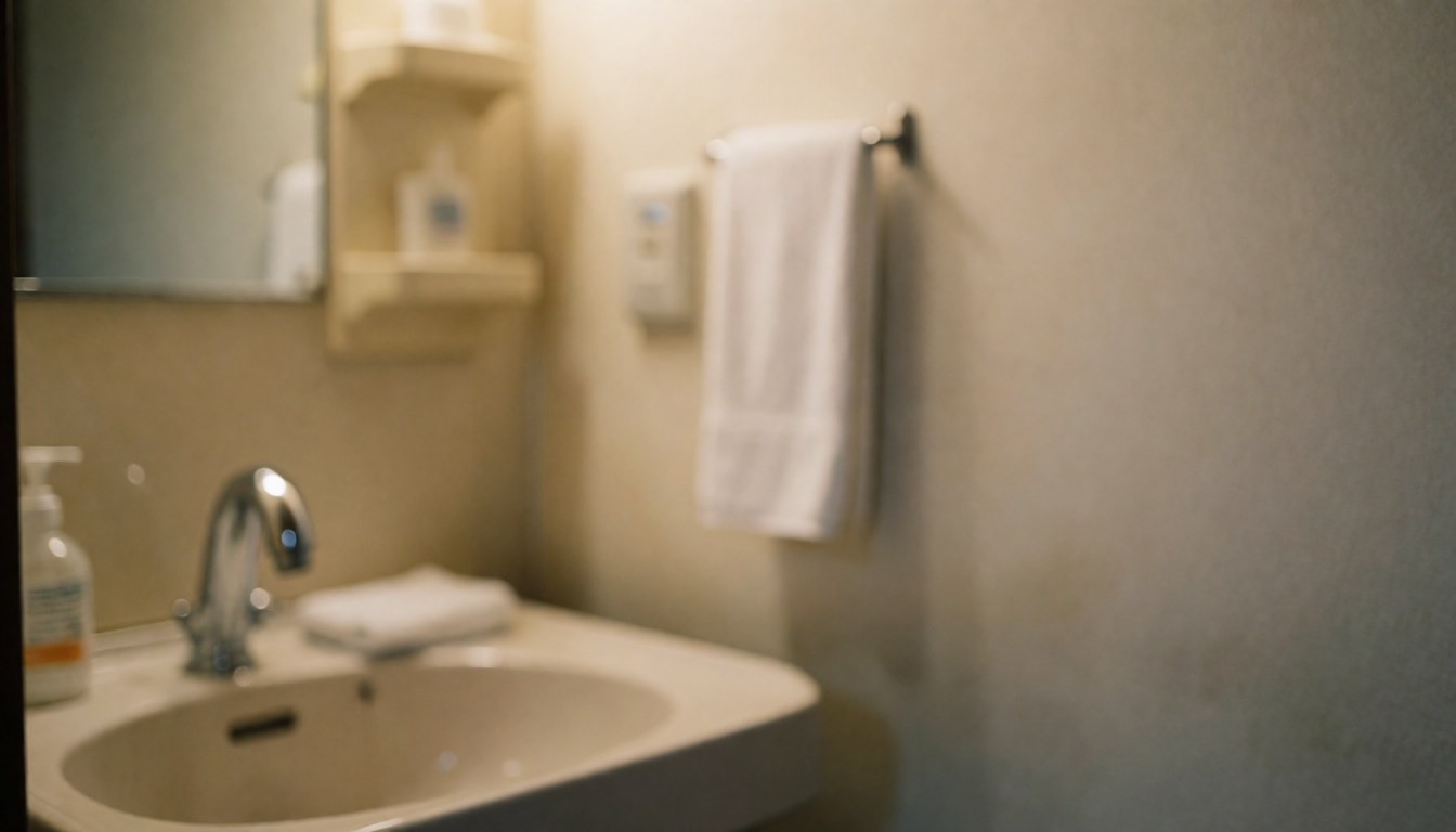 Clean bathroom scene featuring a white sink, chrome faucet, and hanging white towel on a tiled wall, providing a calm backdrop for text overlay.