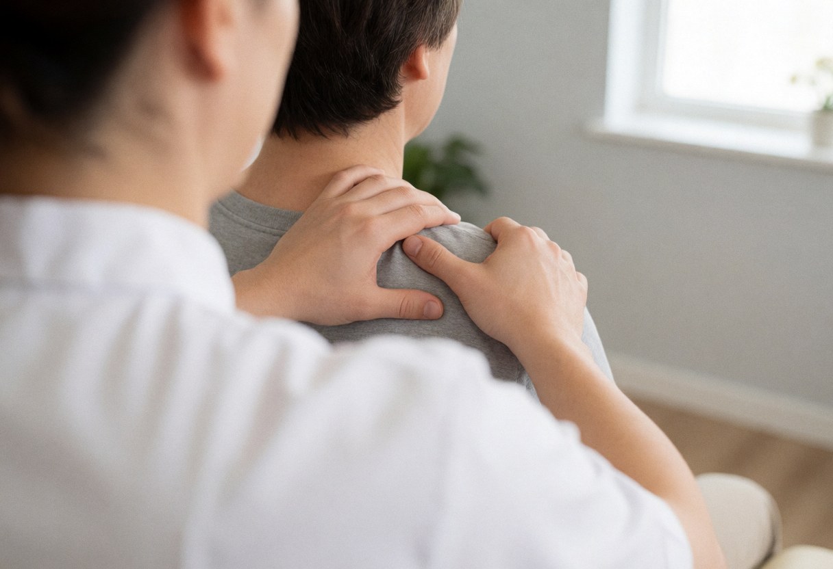 Close-up view of a therapist's hands applying pressure to a client's shoulder during a professional massage session in a calm, well-lit room