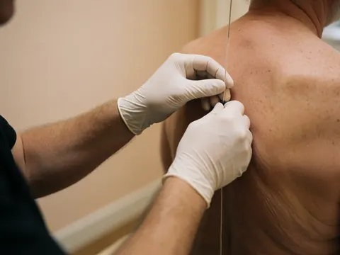 Close-up of a vertical plumb line positioned on a patient's back during a chiropractic massage session, highlighting posture and alignment.