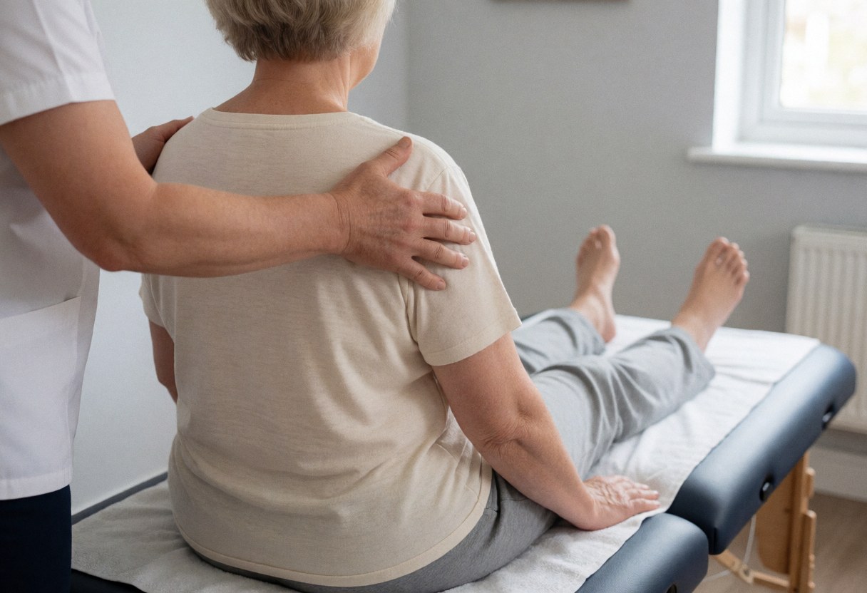 Professional massage therapist adjusting a seated patient's shoulder on a treatment bed in a calm room with natural light