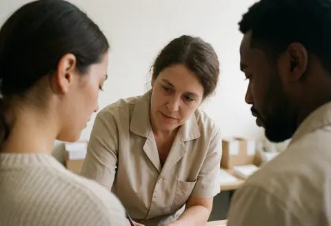 A therapist listens attentively to two clients during a professional psychological consultation in a calm office setting.