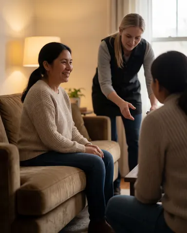 A smiling woman sits comfortably on a modern sofa in a warmly lit living room, enjoying the cozy atmosphere of her newly decorated home.