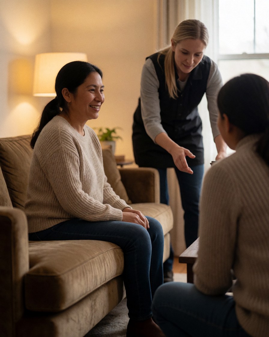 A smiling woman sits comfortably on a modern sofa in a warmly lit living room, enjoying the cozy atmosphere of her newly decorated home.