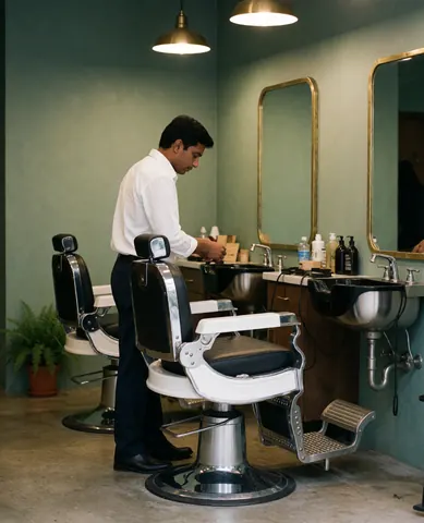 A barber concentrating on his work in a contemporary barbershop with visible tools and equipment