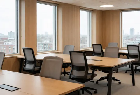 Bright and spacious open office space featuring wooden desks, ergonomic chairs, and large windows letting in natural light, showcasing a clean and modern workspace design