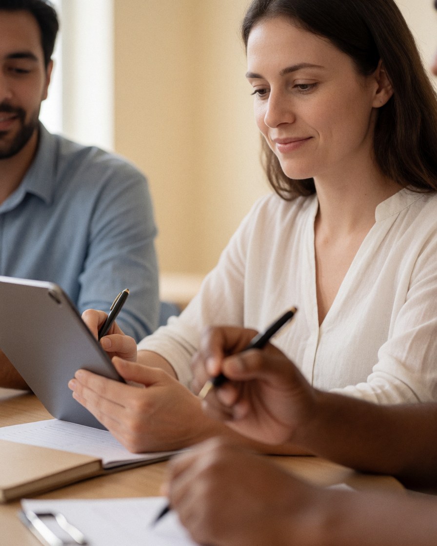 A happy woman entrepreneur smiles while working on a tablet and notebook at a desk in a bright coworking office environment.