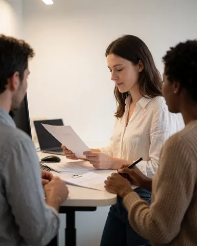 A smiling businesswoman sits at a desk in a bright coworking office, reviewing documents on her laptop with natural light and a warm atmosphere