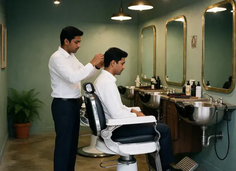 A barber in a white shirt cuts a client's hair in a barbershop with green walls and mirrors.