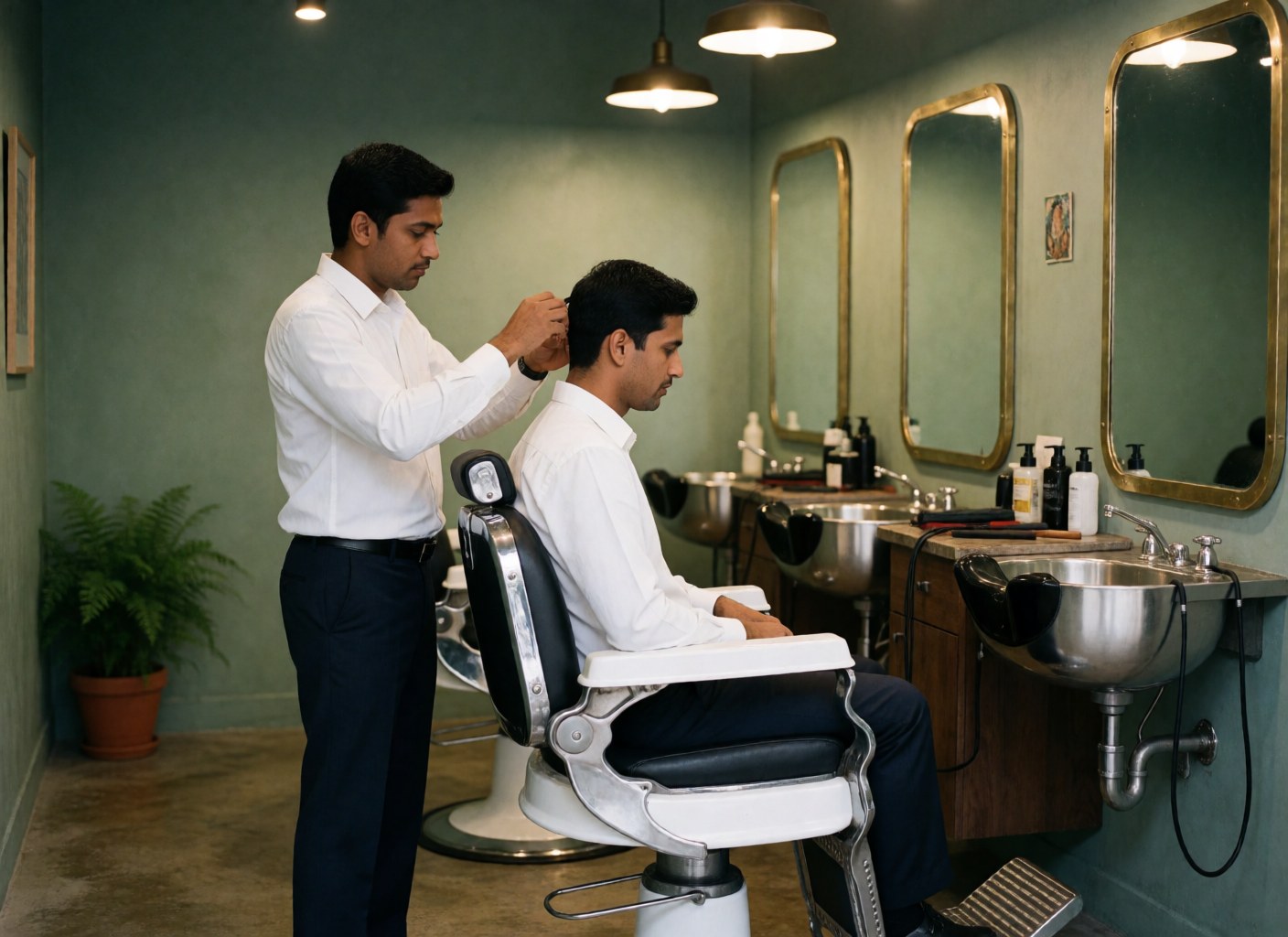 A barber in a white shirt cuts a client's hair in a barbershop with green walls and mirrors.