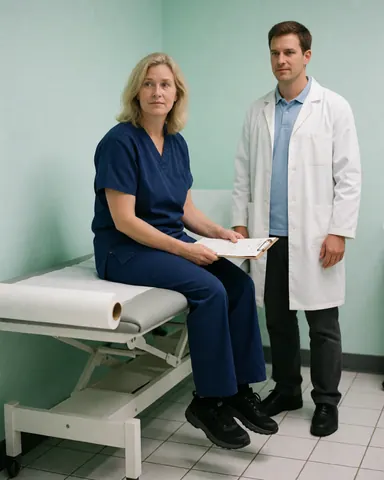 Smiling woman in blue medical gown sitting on examination table holding a notebook while a doctor stands beside her in a clinic with green walls and white floor