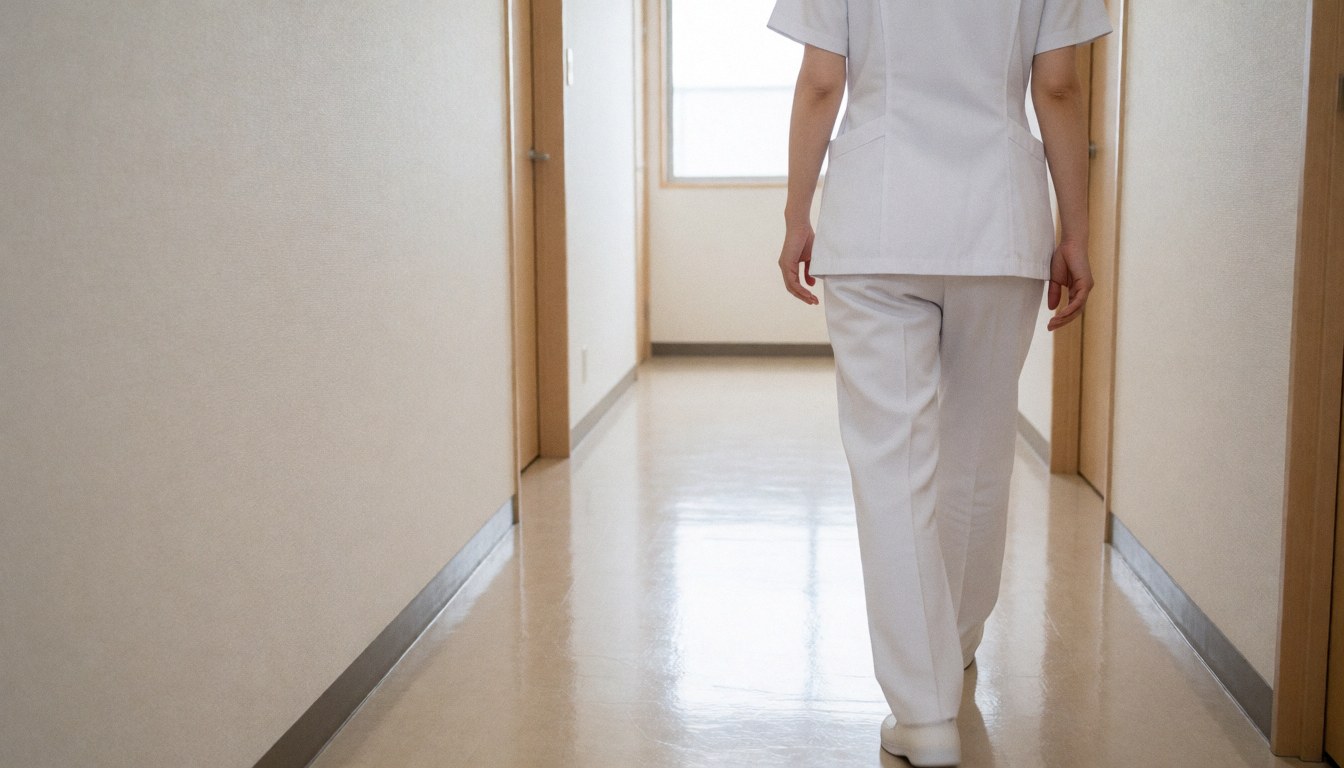 A therapist in a white uniform walking down a clean, bright hospital corridor with natural light from a window