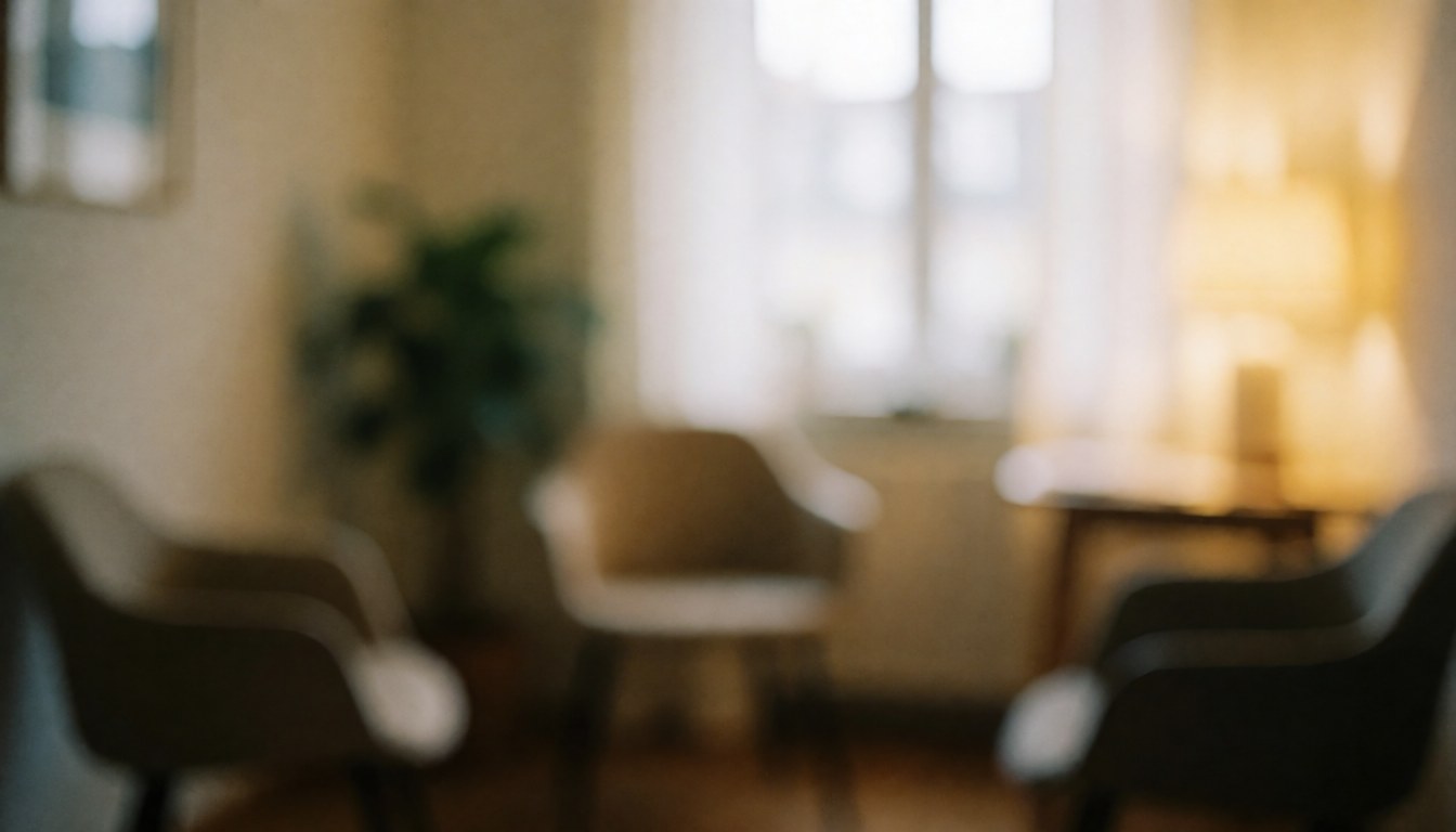 A soft, blurred background featuring a chair, plant, window, and warm lighting, ideal for text overlays in massage therapy and wellness contexts