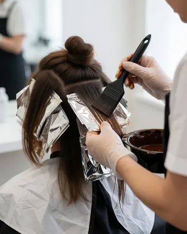 Close-up view of a hairdresser applying hair dye using aluminum foil strips during a salon coloring service