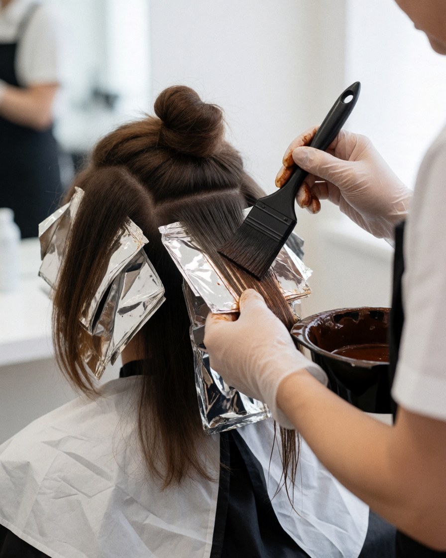 Close-up view of a hairdresser applying hair dye using aluminum foil strips during a salon coloring service