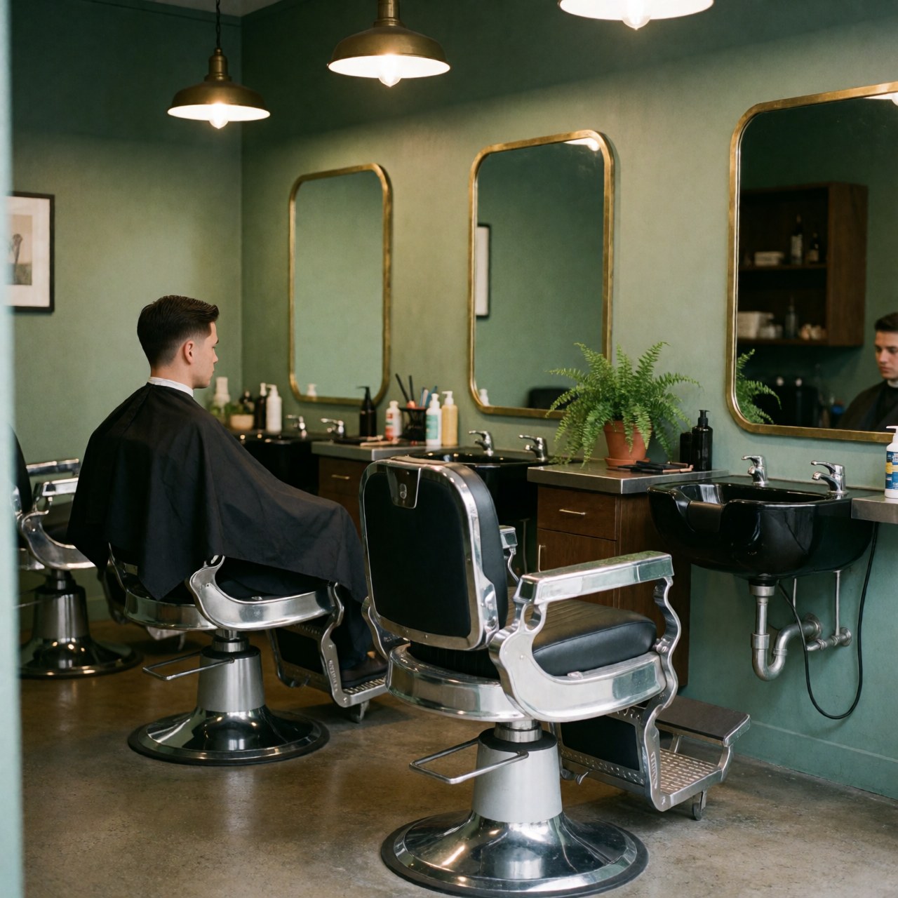 A fresh and clean haircut result displayed in a stylish vintage barbershop featuring a green wall, hanging light, and classic barber chair.