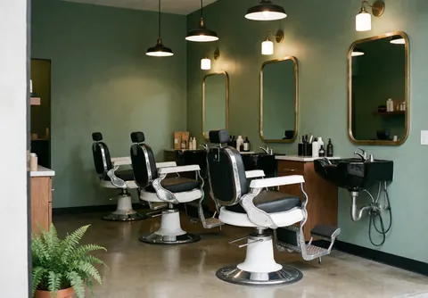 Clean and inviting modern barbershop interior featuring green walls, chrome chairs, bronze mirrors, sinks, and a corner plant.