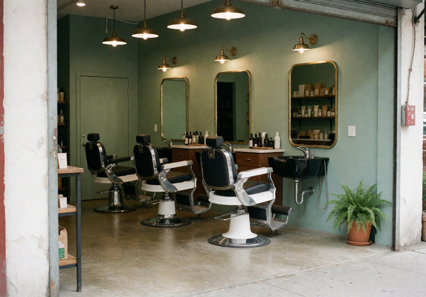 Barbershop interior featuring vintage chairs, large mirrors, green walls, a corner plant, and a sink area with chrome and wood details