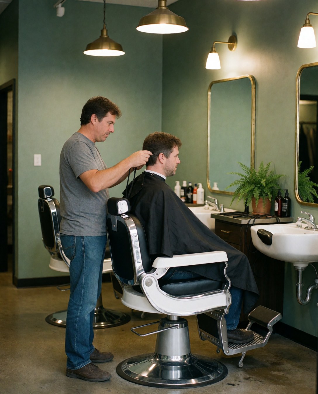 A smiling man looks at his reflection in the mirror after receiving a professional haircut at the barbershop, showing satisfaction with the result.