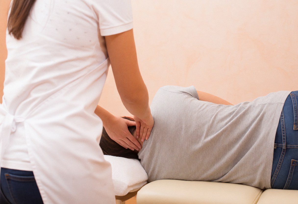 A therapist applies pressure to a client's neck during a chiropractic session in a warmly lit room with terracotta walls.