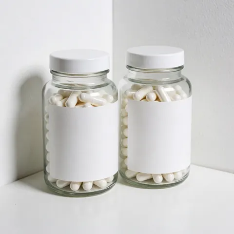 Two glass jars with white capsules and blank labels on a clean white background for massage therapy products