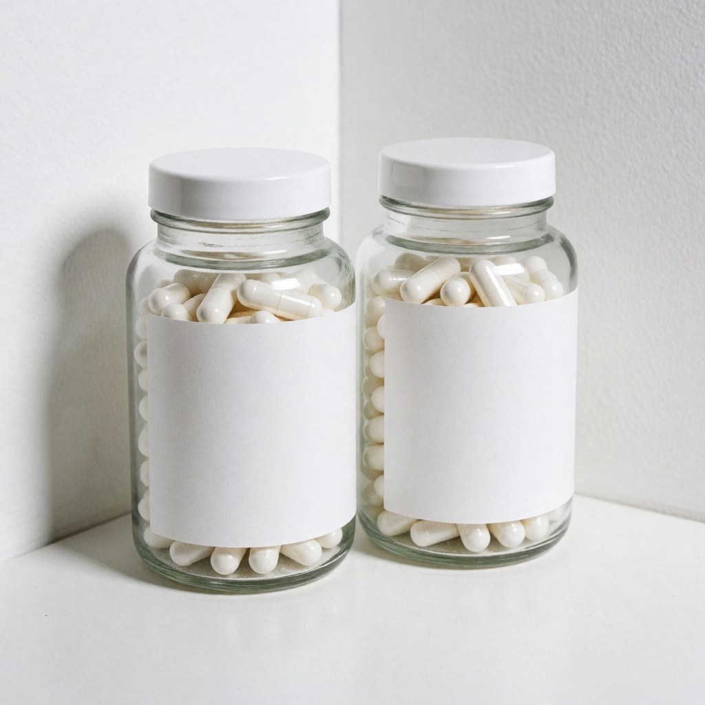 Two glass jars with white capsules and blank labels on a clean white background for massage therapy products