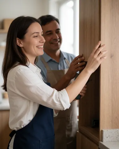 A smiling woman inspects new wooden kitchen cabinets while a carpenter works in the background, both showing satisfaction with the installation.