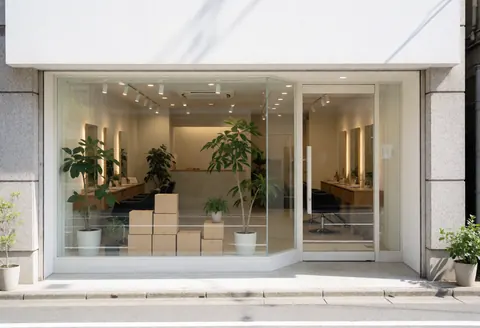 Modern hair salon exterior featuring large windows, green plants, work tables, chairs, natural light, and a clean professional atmosphere.