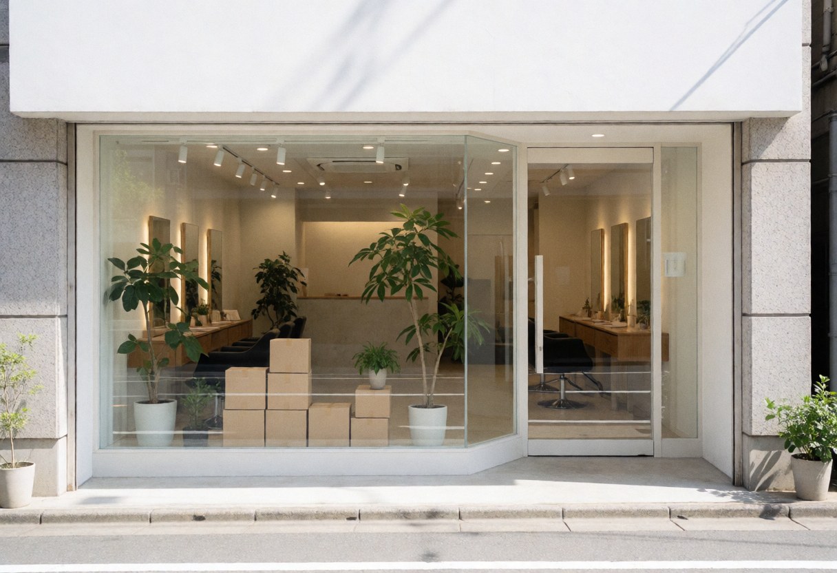 Modern hair salon exterior featuring large windows, green plants, work tables, chairs, natural light, and a clean professional atmosphere.