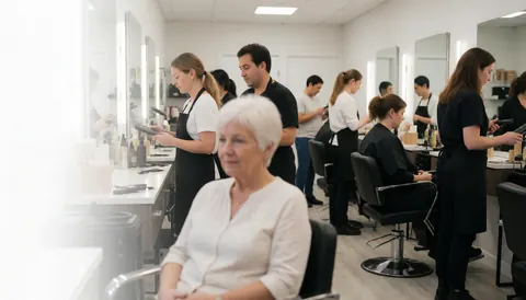 A blurred client sits in the foreground of a hair salon while stylists work in the background with tools and mirrors