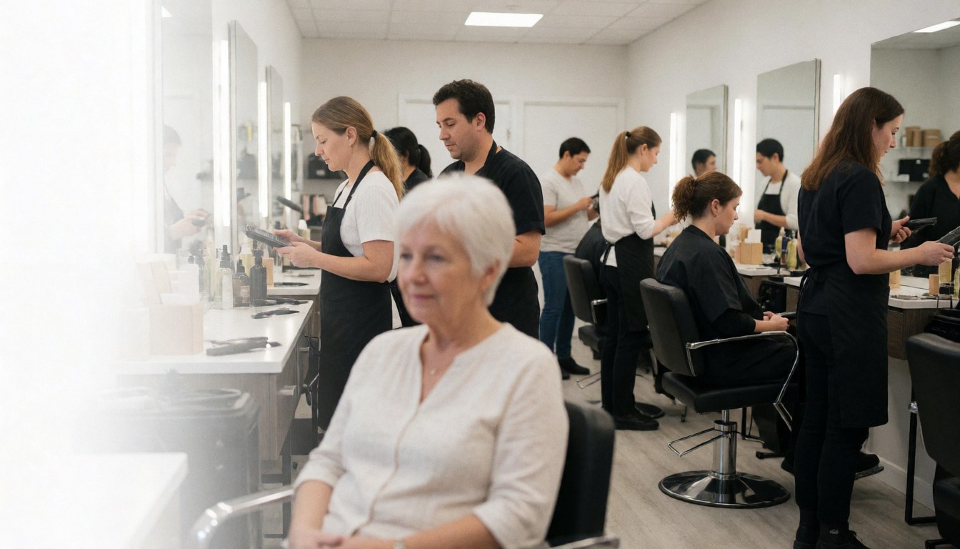 A blurred client sits in the foreground of a hair salon while stylists work in the background with tools and mirrors