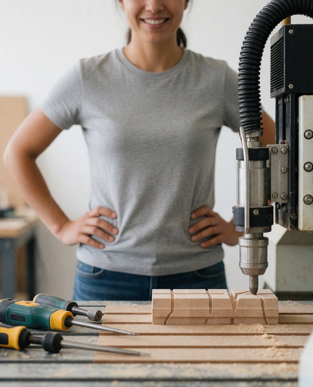 Smiling female carpenter with hands on hips standing in front of a CNC machine cutting wood in a well-lit workshop with tools on the table.