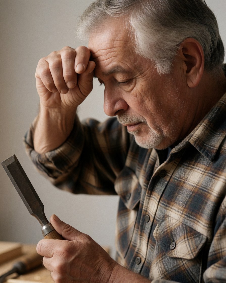 A carpenter wearing a plaid shirt holds a spark and a tool while working on wood in his workshop with soft lighting and a neutral background.